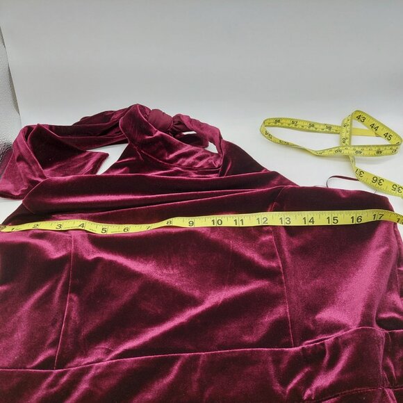 1 State Velvet Halter Jumpsuit Size 14 Burgundy Mock Neck Wide Leg Back Zipper - Picture 9 of 14